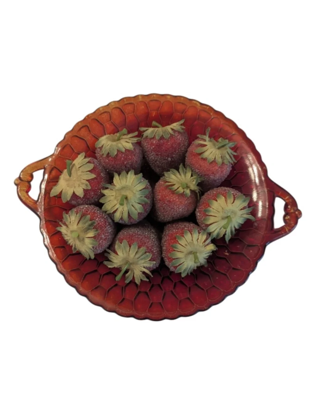 🍓VTG🍓90s Pier 1 Ten Realistic Faux Sugared Beaded Strawberries W Calyx Top